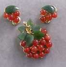 Swoboda Rose Quartz Jade Cherries Gold Brooch Earrings