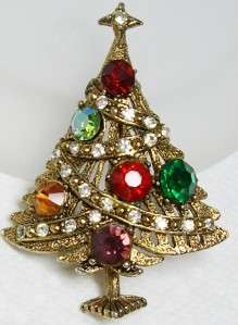 Vintage HOLLYCRAFT Christmas Holiday Tree Rhinestone Ornament Pin 