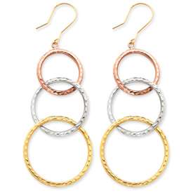 14k Gold Tri Color Diamond Cut Circle Dangle Earrings  