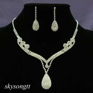 Swarovski Clear Crystal Rhinestone Drop Pendant Necklace Earrings Set 