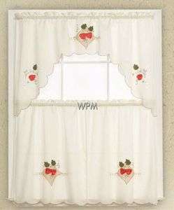 3pc Kitchen Window Curtain set/Beige with Red Strawberry drapes Cafe 