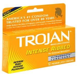  Trojan Condoms, Intense Ribbed Ultrasmooth, Lubricated, 12 Condoms 
