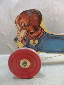 Antique Victorian Childs Wooden Dog Pull Toy The Gong Bell MFG w 