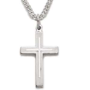 com Sterling Silver Cross Necklace in a Lined Design Cross Necklaces 