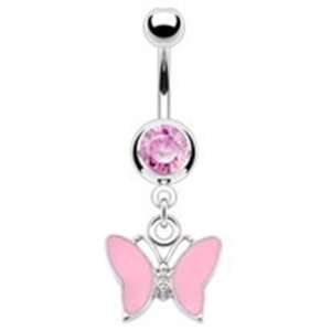 Dangling Pink Butterfly Belly Button Navel Ring Dangle with Pink Gem 