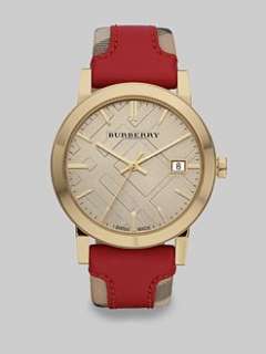 Burberry   Leather Accented Haymarket Check Goldtone Stainless Steel 