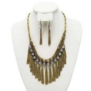  Bronze Plated Crystal and Chain Link Necklace and Earring 