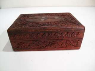 VINTAGE INDIA HAND MADE CARVED WOOD JEWELRY BOX CHEST  