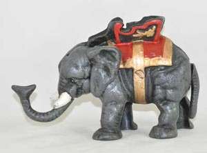 Cast Iron Hand Painted Elephant Mechanical Coin Bank w/ Gold Tone Trim 