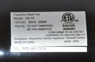 Intertek FB 75 Powerful Wall Fan Motor  