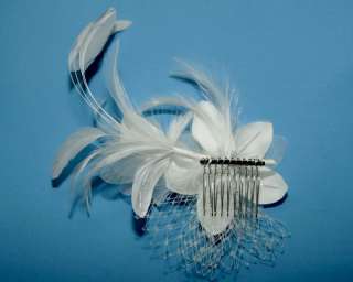 WHITE FLOWERS COQUE FEATHERS FRENCH VEILING BRIDAL COMB  