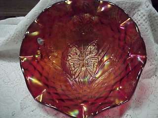 FENTON Large Red Carnival Bowl 4386 RC Butterfly Flower  