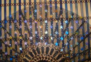 Japanese Folding Fan Patriotic Gold Blue Stars Fishnet  