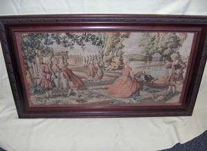 Antique French Tapestry Framed Garden Scene 35x18 Art  