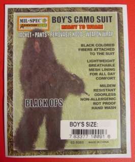 tac Sniper GHILLIE CAMOFLAGE SUIT   BLACK camo YOUTH BOYS CHILD L/XL 