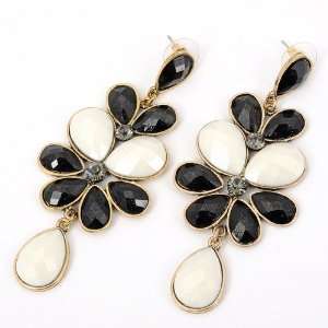 Fashion Golden Ear Drop Black White Flower Beads Dangle Stud Earrings 