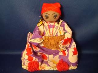 Cloth Doll Jamaican Woman With Coconut Basket Wood Head  