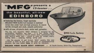 Original 1959 Vintage Ad MFG Edinboro 17 Foot Molded Fiber Glass Boats 