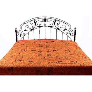 Taupe Gujarati Bedspread with All Over Embroidered Wildlife   Pure 