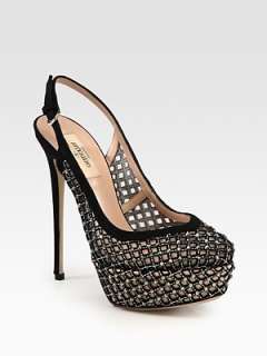 Valentino   Crystal Studded Mesh and Suede Slingback Pumps    