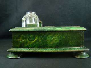 19thC Antique FAUX Green JADE Old MARBLE Double INKWELL  