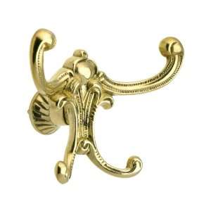 Solid Brass Hall Tree Double Hook with 4 Prongs in Unlacquered Brass.