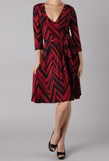 MM APPAREL Red or Brown 3/4 Sleeve V neck Zig Zag Chevron Print Dress 