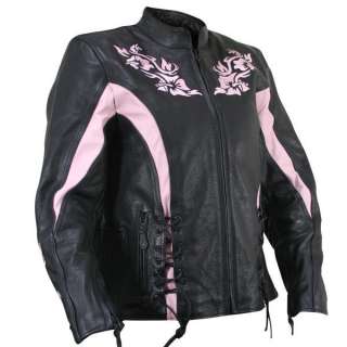 WOMENS BLACK & PINK ARMOR LEATHER MOTORCYCLE JACKET S  