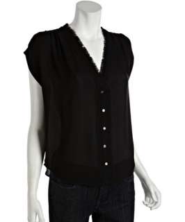 Joie black silk Amrita frayed button front blouse