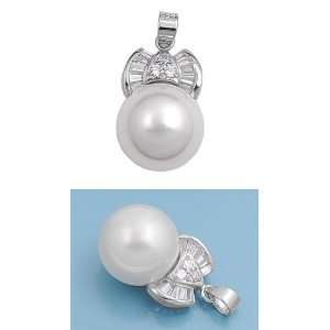   Silver Simulated Pearl w/ Ribbon Design CZ Bail Pendant Jewelry