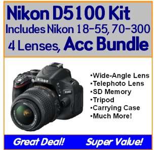 Nikon D5100 4 Lens Package Kit 18 55mm VR, 70 300mm, 16GB, Filters 