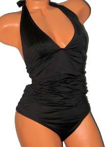DKNY Black Ruched Halter One Piece Swimsuit Sz 14 NEW  