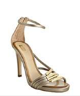 Chloe taupe satin and gold bar strappy sandals style# 314933301