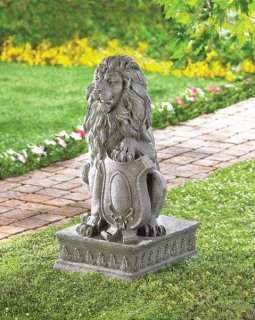 Regal Guardian Lion Garden Statue with Crested Shield  