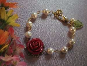Pretty Red Coral Carved Rose flower Pearl Gold Bracelet  
