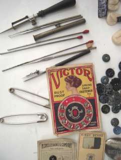 antique VICTORIAN WOOD BOX w/SECRET SHELF+sewing+button  