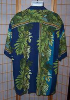   Bahama Mens Sz XLT Blue Palm Stripe Silk Hawaiian Style Camp Shirt