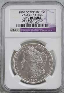 1890 CC Morgan Silver Dollar, VAM 4 Tail Bar Top 100, UNC MS NGC US, 7 