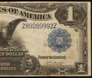 LARGE 1899 $1 DOLLAR BILL SILVER CERTIFICATE BLACK EAGLE NOTE OLD 