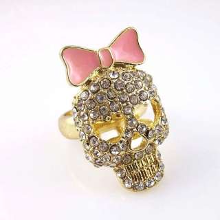 Sparkling Rhinestone Pink Bow & Hollow Skull Ring Sz 6  