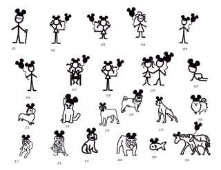 MICKEY FAMILY & DOGS/ANIMALS FAMILY STICK FIGURE CAR DECAL  