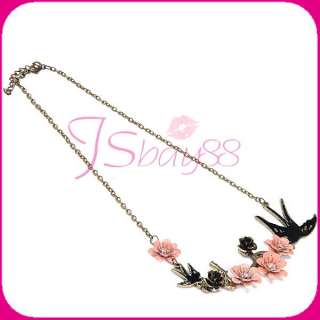 Elegant Swallow Bird Flower Blossom Rhinestone Pendant Necklace Lucky 
