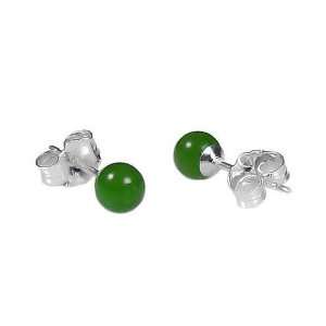  Silver 4mm Natural Nephrite Green Jade Ball Stud Post Earrings