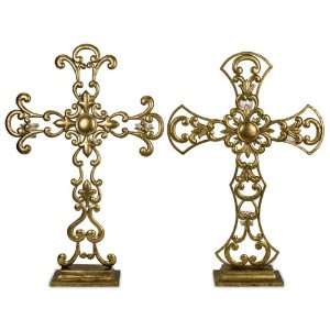    Set of 2 Decorative Religious Standing Gold Crosses