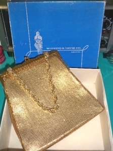 VINTAGE WHITING & DAVIS GOLD MESH EVENING BAG PURSE Chain Handle in 