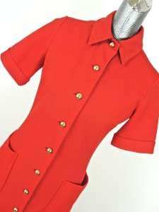 vintage 70s womens red DAVID CRYSTAL knit shirt dress classic gold 