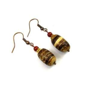 Tropical Brown Coco Striped Wood Bead Red Bamboo Coral Tribal Dangle 