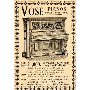  1896 Vintage Ad Vose Sons Upright Piano Antique Boston 