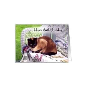   64th Birthday, Siamese cat on white wicker chair Card Toys & Games