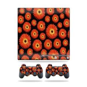   Sony Playstation 3 PS3 Slim Skins + 2 Controller Skins Orange Flowers